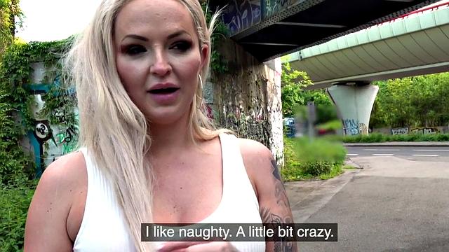 Horny blonde picked up and pounded outdoors with panties on