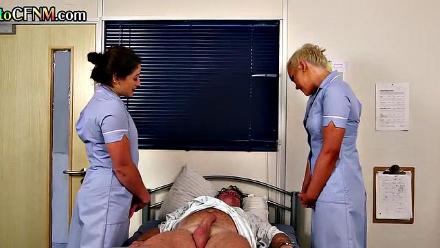 CFNM Euro nurses suck patient's cock in hospital 3some