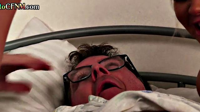 CFNM Euro nurses suck patient's cock in hospital 3some