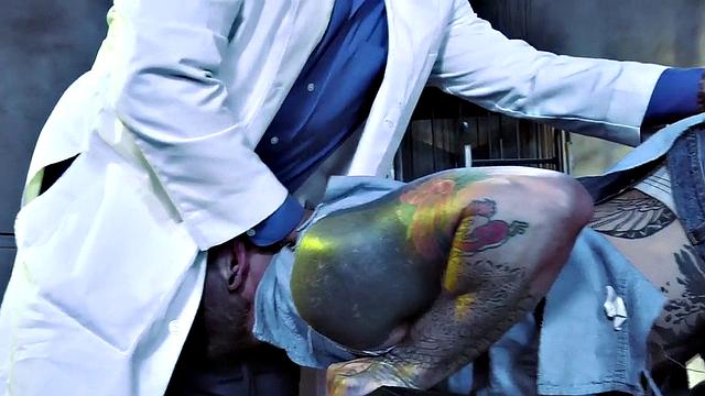 Tattooed stud barebacked by doctor before fisting