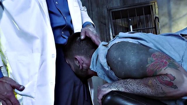 Tattooed stud barebacked by doctor before fisting