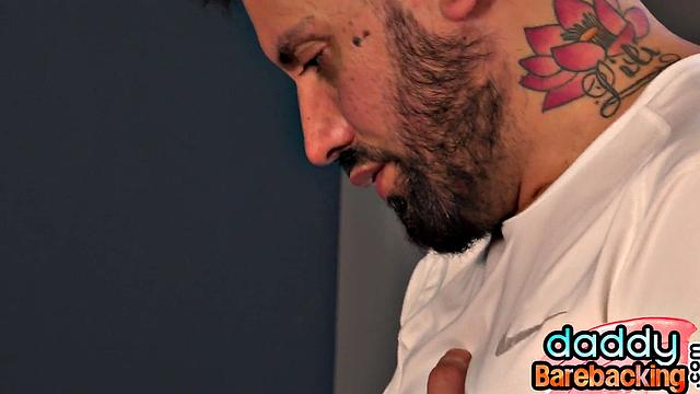 Skinny Latin twink fucked by DILF in public locker