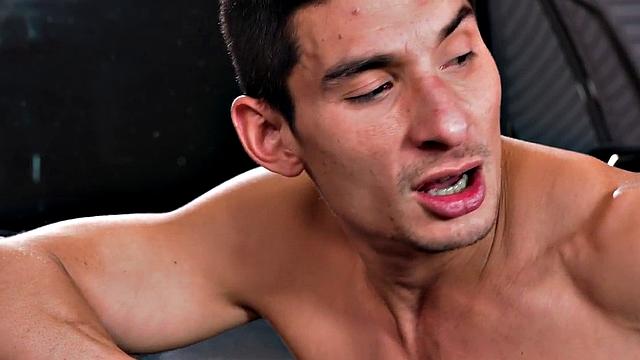 Fisting handsome jock with abs gets by car mechanic