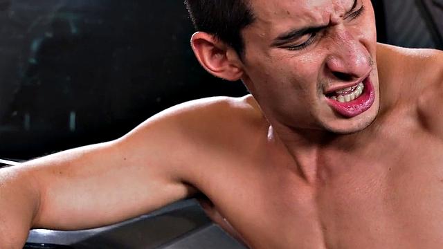 Fisting handsome jock with abs gets by car mechanic