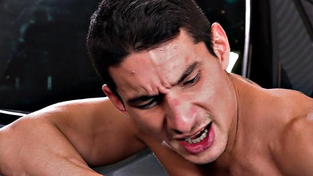 Fisting handsome jock with abs gets by car mechanic