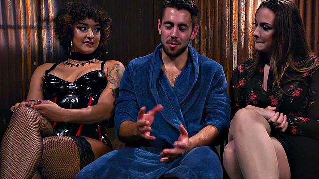 Fem nympho bitches seduce big guy in threesome sex