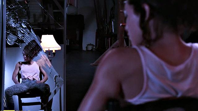 Brunette bombshell pleasures herself in front of mirror in steamy solo session