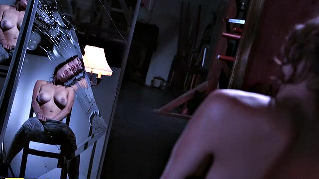 Brunette bombshell pleasures herself in front of mirror in steamy solo session