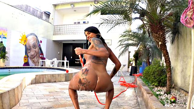 Latina with tattoos bounces her big ass before deepthroating and sucking her boyfriend's hard cock in the pool