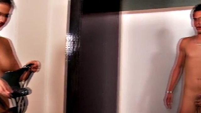 3way femdom strapon by dom babes in high heel boots