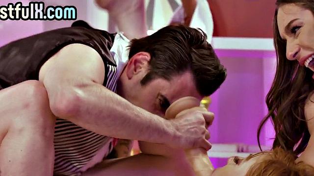 Busty ginger MILF sucks cock and gets pussypounded in 3way