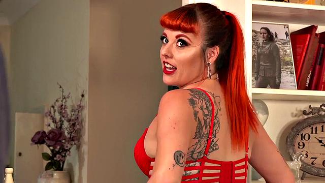 Voyeur redhead lingerie teases wanker who wanks cock