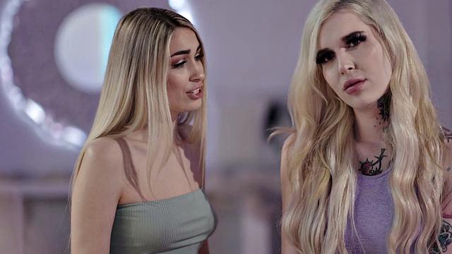 Tattooed TS babe enjoys kissing with small boobs girlfriend