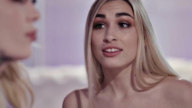 Tattooed TS babe enjoys kissing with small boobs girlfriend