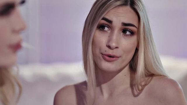 Tattooed TS babe enjoys kissing with small boobs girlfriend