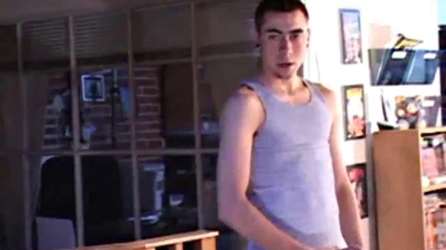 Luke Daniels jerks off in the garage. He works the length of his cock, and edges himself, until he pops a big wet one onto the floor