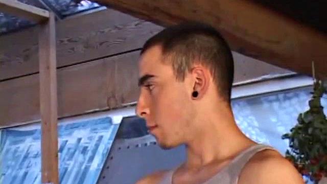 Luke Daniels jerks off in the garage. He works the length of his cock, and edges himself, until he pops a big wet one onto the floor