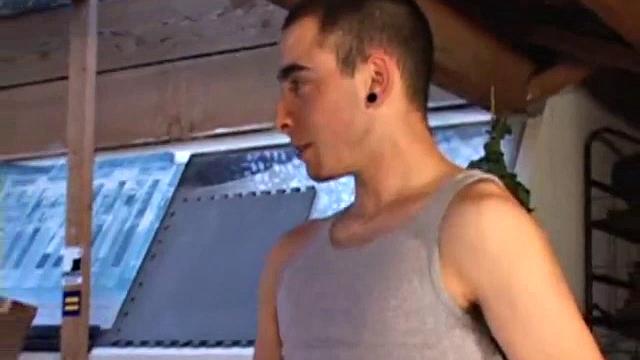 Luke Daniels jerks off in the garage. He works the length of his cock, and edges himself, until he pops a big wet one onto the floor