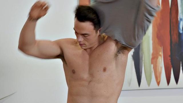 Muscular eager jock solo wanking and licking cum off fingers