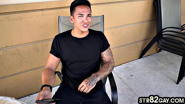 Tattooed straight guy gets wild in gay van hookup, can't resist intense anal action