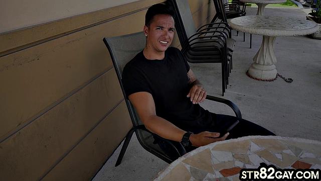 Tattooed straight guy gets wild in gay van hookup, can't resist intense anal action