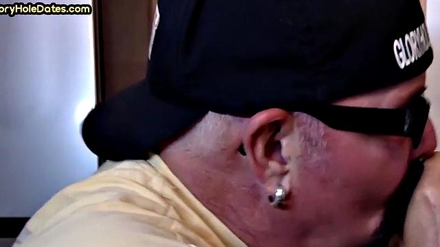 Gloryhole blowjob: Daddy sucks penis with his greedy mouth