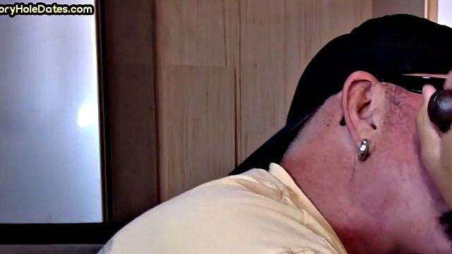 Gloryhole blowjob: Daddy sucks penis with his greedy mouth