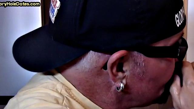 Gloryhole blowjob: Daddy sucks penis with his greedy mouth