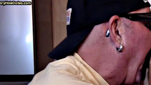 Gloryhole blowjob: Daddy sucks penis with his greedy mouth