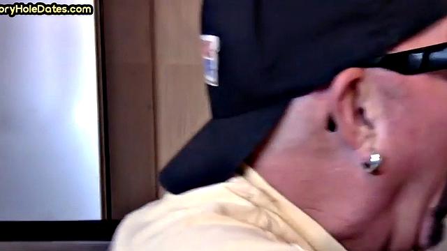 Gloryhole blowjob: Daddy sucks penis with his greedy mouth