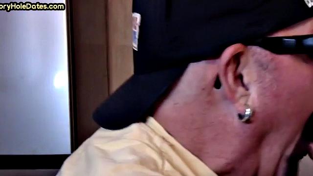 Gloryhole blowjob: Daddy sucks penis with his greedy mouth