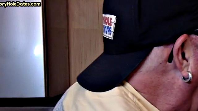 Gloryhole blowjob: Daddy sucks penis with his greedy mouth