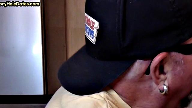 Gloryhole blowjob: Daddy sucks penis with his greedy mouth