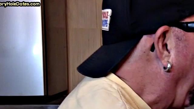 Gloryhole blowjob: Daddy sucks penis with his greedy mouth