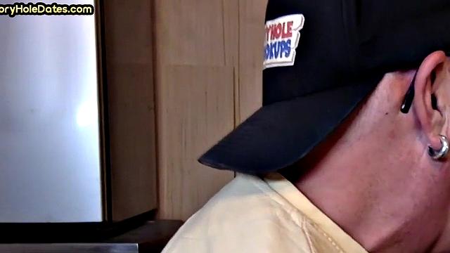 Gloryhole blowjob: Daddy sucks penis with his greedy mouth