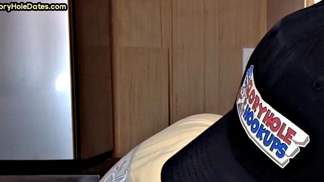 Gloryhole blowjob: Daddy sucks penis with his greedy mouth