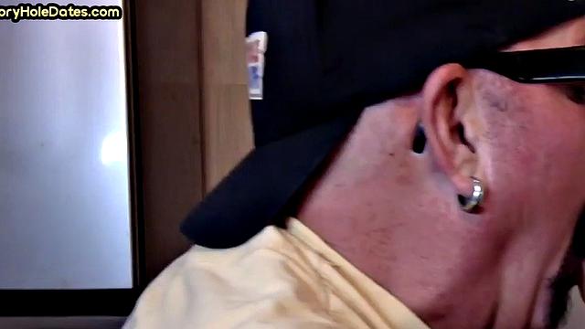 Gloryhole blowjob: Daddy sucks penis with his greedy mouth