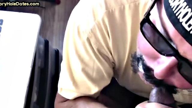 Gloryhole blowjob: Daddy sucks penis with his greedy mouth