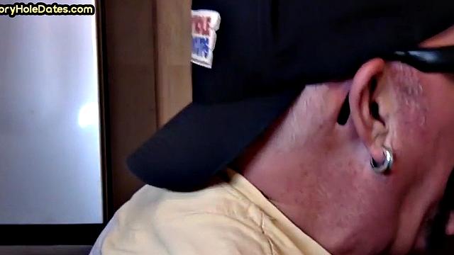 Gloryhole blowjob: Daddy sucks penis with his greedy mouth