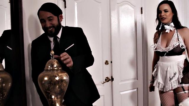 Boss nails tattooed maid in high heels & fishnets