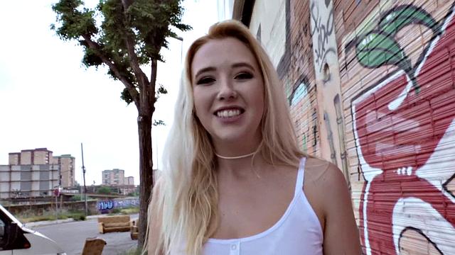 Blonde with small tits goes wild outdoors for cash & facial