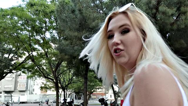 Blonde with small tits goes wild outdoors for cash & facial