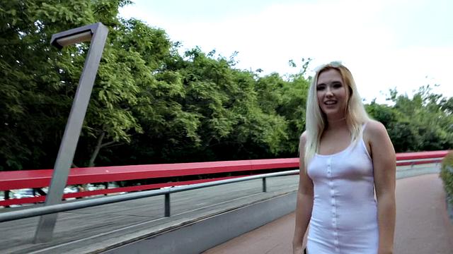 Blonde with small tits goes wild outdoors for cash & facial