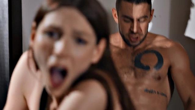 Small TS babe with small boobs barebacked at work