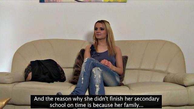 Blonde bombshell with tight pussy & big tits gets wet & wild with Agent in office