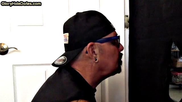 Inked arm DILF sucks BFs hard cock at home