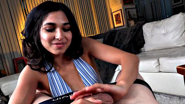 Hj loving babe stroking and rubbing on BF's cock