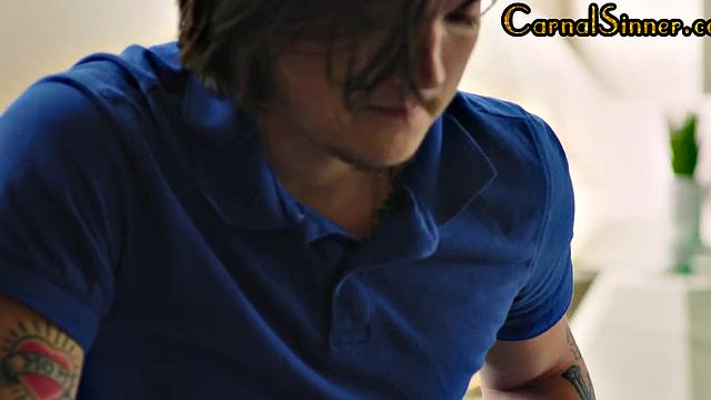 Sinful college babe bouncing on cock while her friend watches