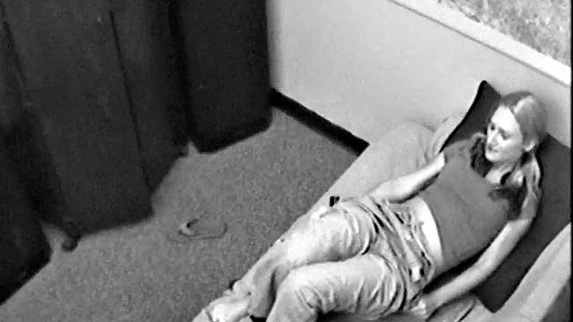 Masturbating teen sucks on a hard cock