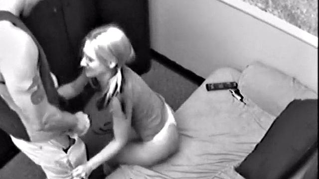 Masturbating teen sucks on a hard cock